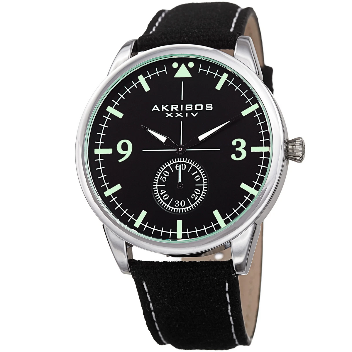 Akribos XXIV Silver Tone Case on Black Strap, Black Dial with Black Hands
