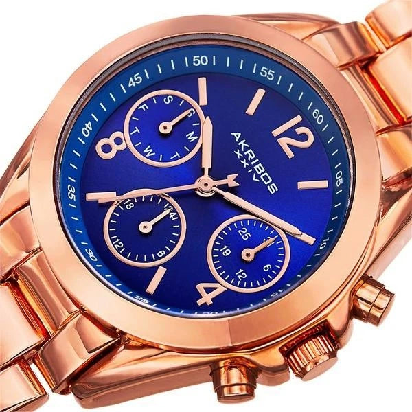Akribos XXIV Rose Gold Flashed Alloy Case on Rose Gold Bracelet, Royal Blue Dial with Rose Gold Tone Hands