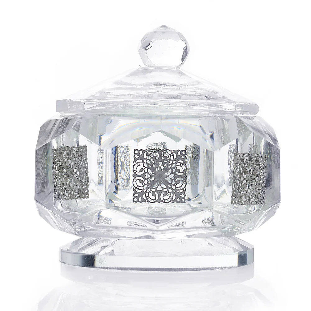 Clear Crystal dish with intricate silver patterns on a white background - AFH Bargains