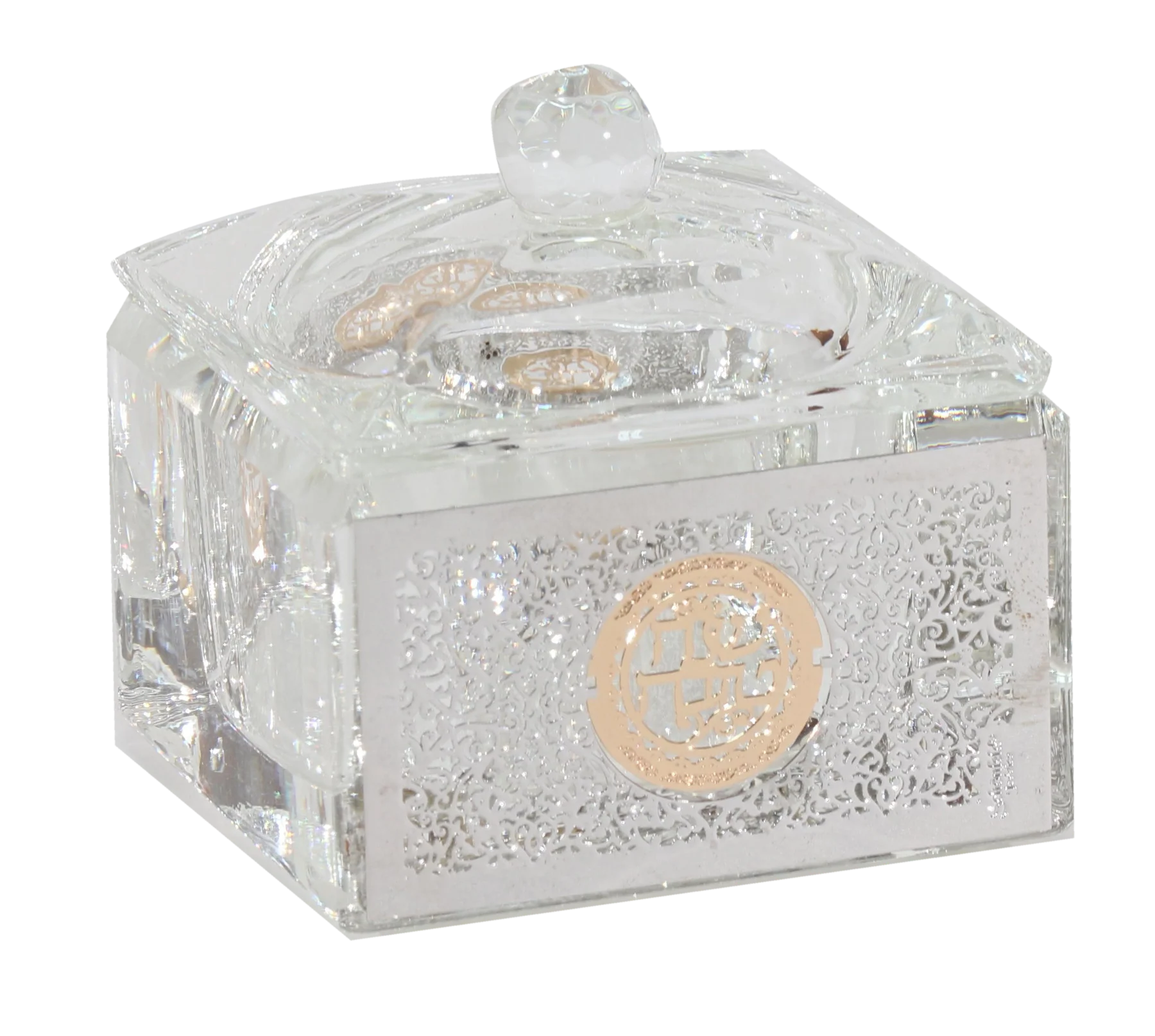 Decorative crystal box with intricate designs and a gold emblem on a white background - AFH Bargains