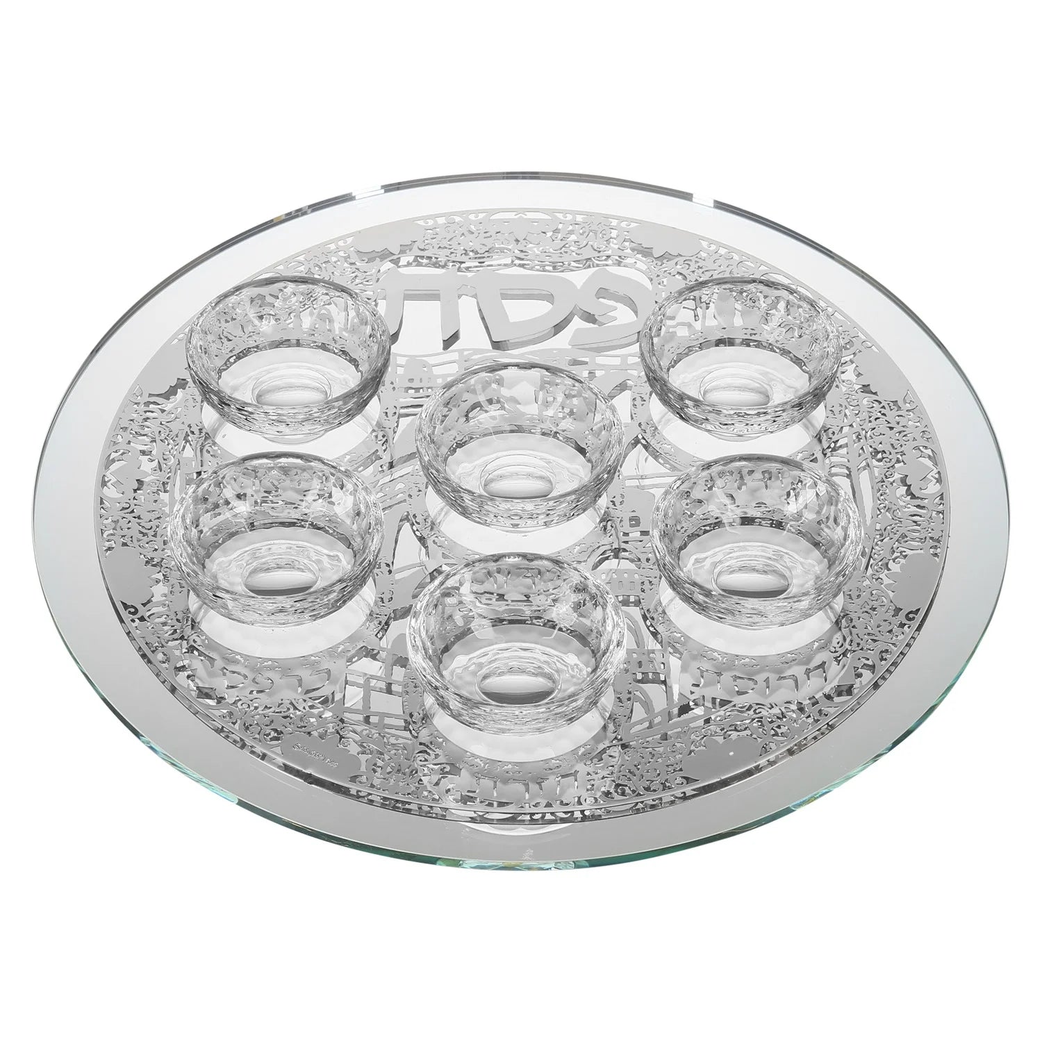 Round glass passover seder plate with multiple small glass bowls on a white background - AFH Bargains