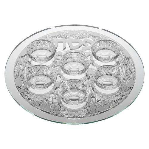 Round glass passover seder plate with multiple small glass bowls on a white background - AFH Bargains