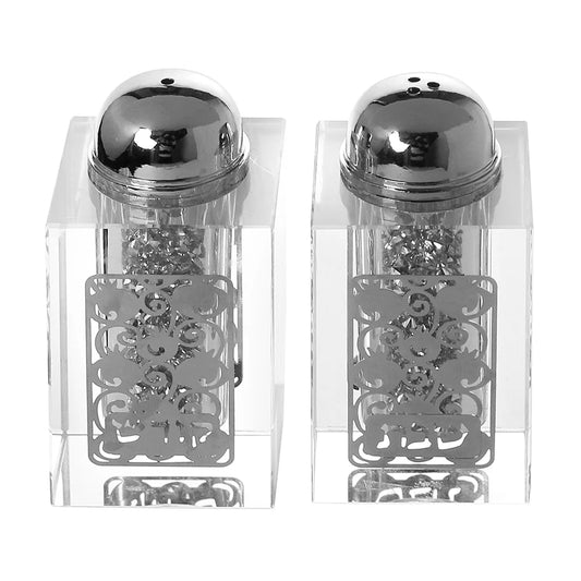 Salt and pepper shakers with decorative silver tops and bases on a white background - AFH Bargains