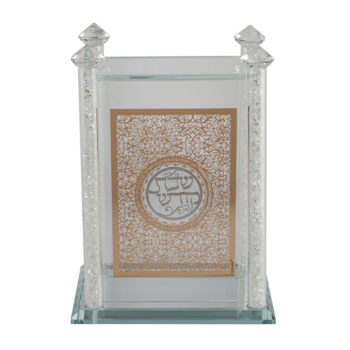 Gold Scroll Medallion Bencher Holder with lucite frame and crystal pillars for Shabbos table. - AFH Bargains