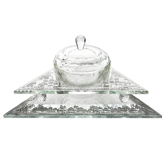 Clear glass pyramidal dish with a lid on a white background - AFH Bargains