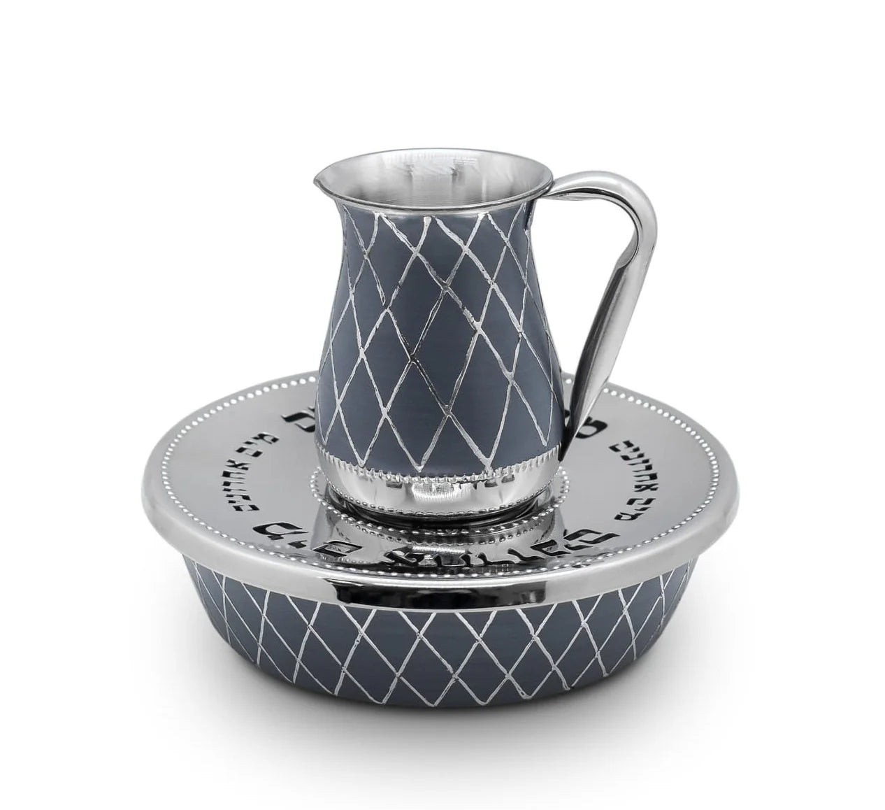 Silver and gray stainless steel cup and saucer set on a white background - afh bargains