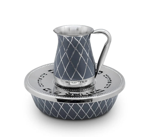 Silver and gray stainless steel cup and saucer set on a white background - afh bargains