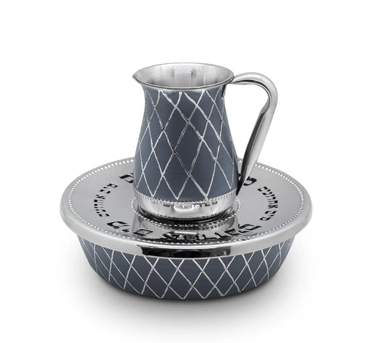 Silver and gray stainless steel cup and saucer set on a white background - afh bargains