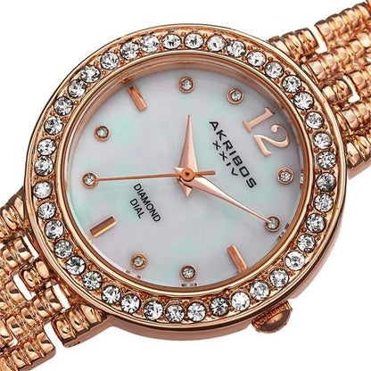 Akribos XXIV Rose Gold Flashed Alloy Case on Rose Gold Bracelet, White Mother of Pearl Dial with Rose Gold Tone Hands