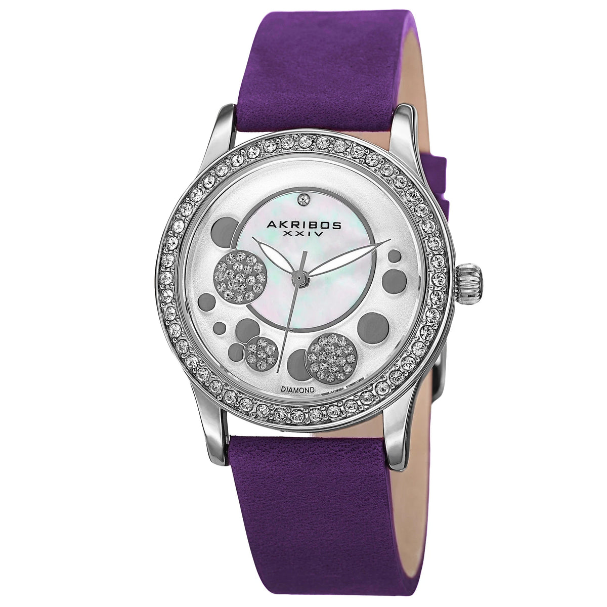 Akribos XXIV Silver case, Silver dial, Purple (Violet) crazy horse leather strap, Swarovski crystals, 1 genuine diamond, Silver-tone bubbles on dial