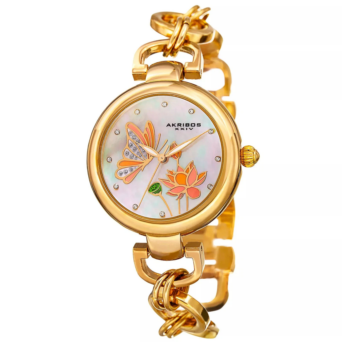 Akribos XXIV Gold Tone Case on Gold Tone Chain Style Bracelet, White Mother of Pearl Dial with Gold Tone Hands