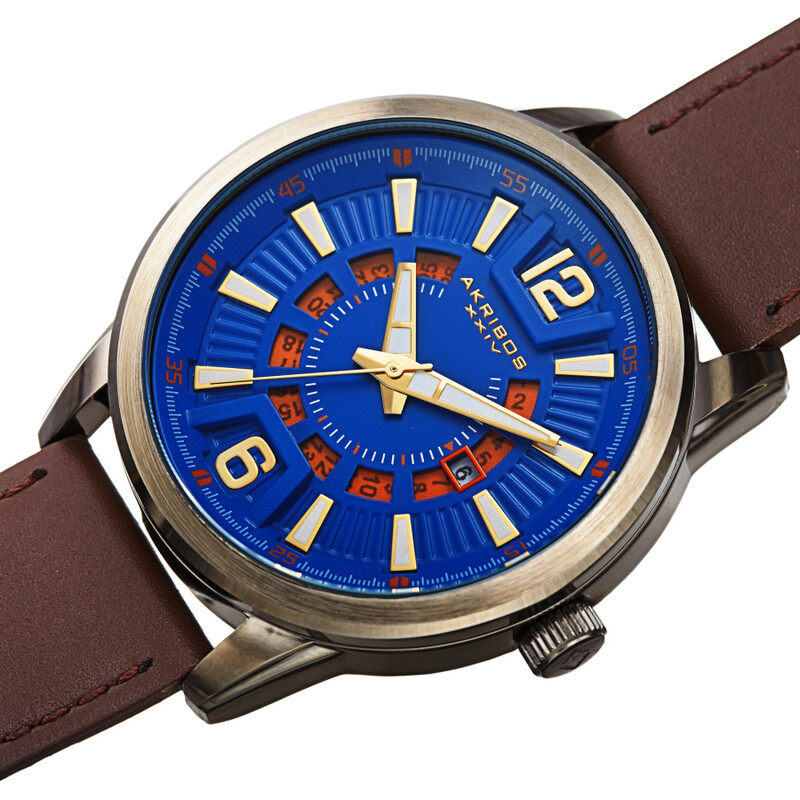 Akribos XXIV Ion Plated Gun Case, Navy and Orange Dial, Brown Strap