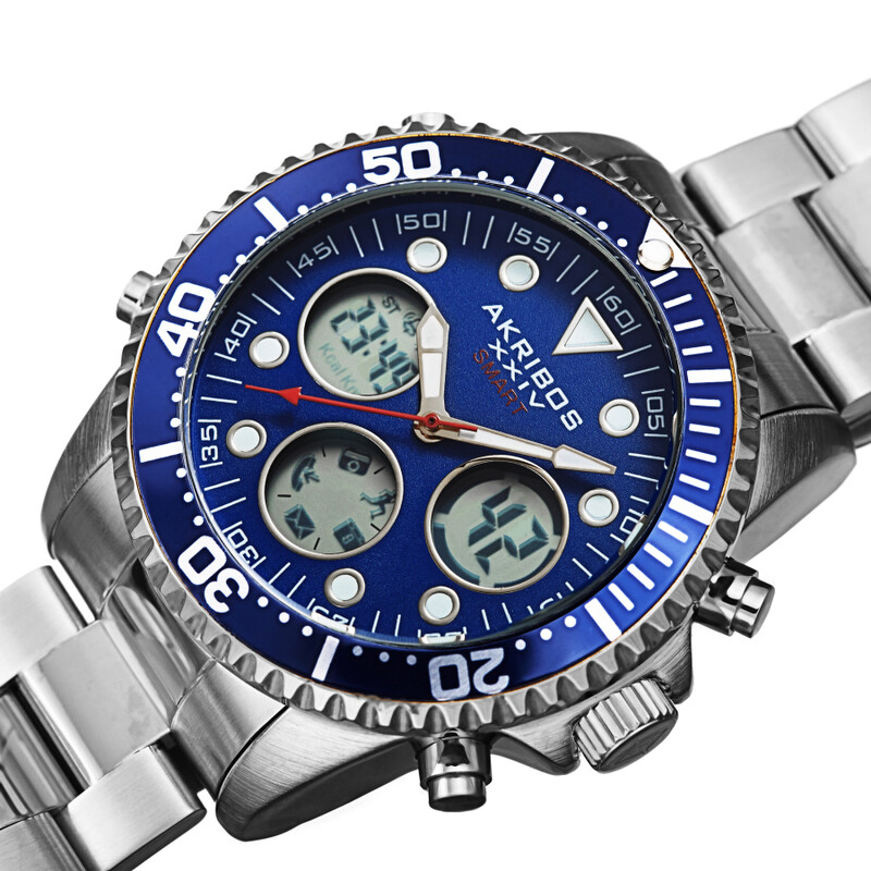 Akribos XXIV Ion Plated Silver Tone SMART Diver Watch, with Blue Bezel and Dial, on a Stainless Steel Silver Bracelet