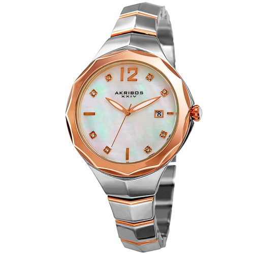 Akribos XXIV Two Tone Case on Two Tone Bracelet, White Dial with Rose Gold Tone Hands