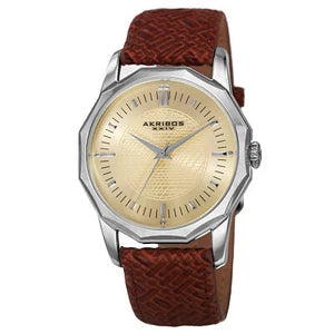 Akribos XXIV Silver Tone Case on Brown Strap, Gold Dial with Silver Tone Hands
