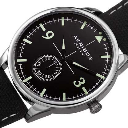 Akribos XXIV Silver Tone Case on Black Strap, Black Dial with Black Hands