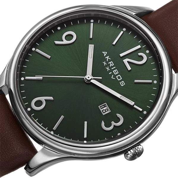 Akribos XXIV Silver Tone Case on Brown Strap, Green Dial with Silver Tone Hands