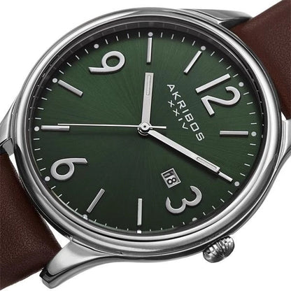 Akribos XXIV Silver Tone Case on Brown Strap, Green Dial with Silver Tone Hands
