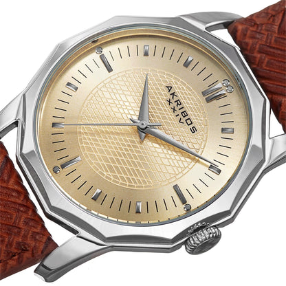 Akribos XXIV Silver Tone Case on Brown Strap, Gold Dial with Silver Tone Hands