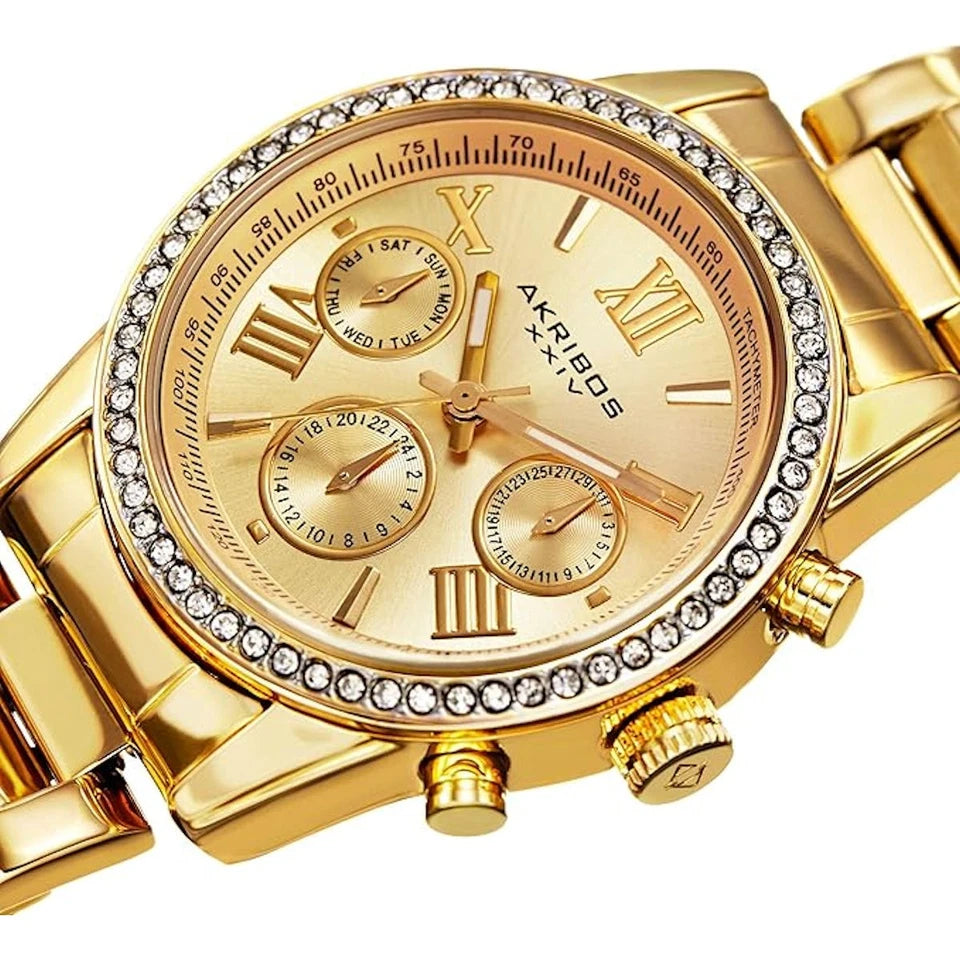 Akribos XXIV Gold Tone Case on Yellow Gold Bracelet, Champagne Dial with Gold Tone Hands