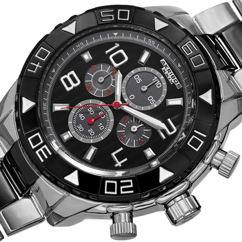 Akribos XXIV Silver and Black Ion Plated Alloy Case on Silver and Black Bracelet, Black Dial with Black Hands