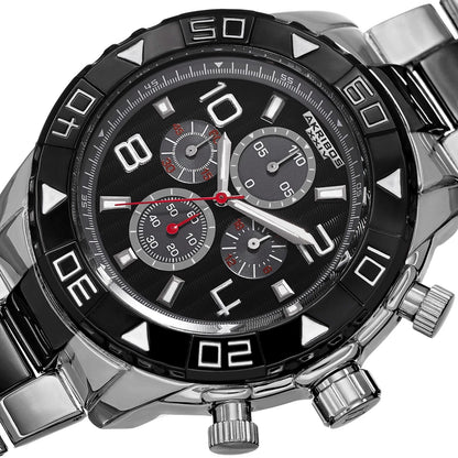 Akribos XXIV Silver and Black Ion Plated Alloy Case on Silver and Black Bracelet, Black Dial with Black Hands