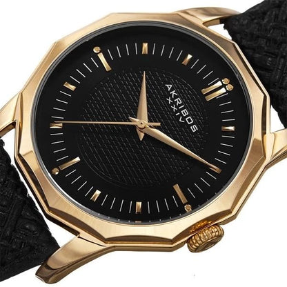 Akribos XXIV Gold Tone Case on Black Strap, Black  Dial with Gold Tone Hands