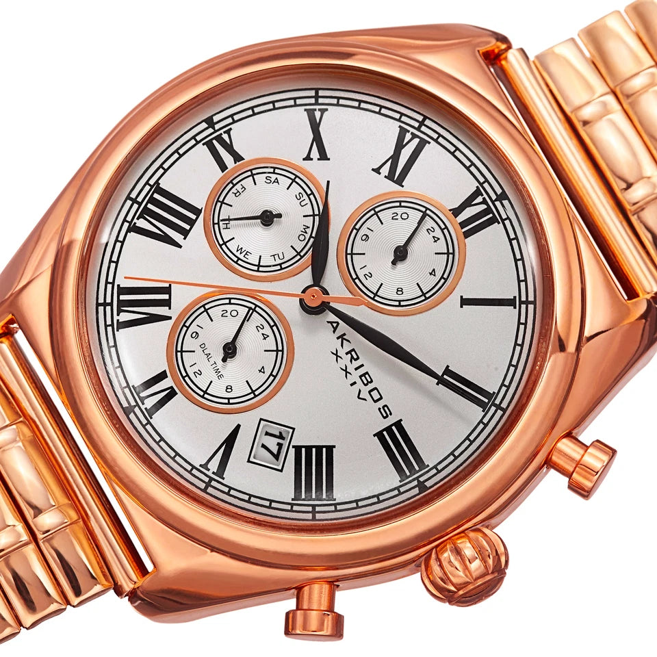 Akribos XXIV Rose Gold Ion Plated Alloy Case on Rose Gold Bracelet, Silver Dial with Black and Rose Gold Tone Hands