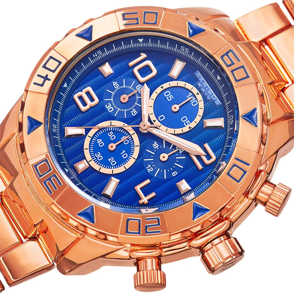 Akribos XXIV Rose Gold Ion Plated Alloy Case on Rose Gold Bracelet, Blue Dial with Rose Gold Tone Hands