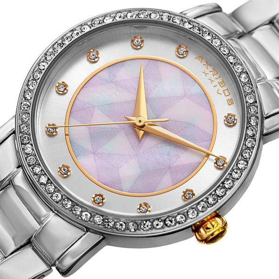 Akribos XXIV Silver Tone Case on Silver Bracelet, White Mother of Pearl and Silver Dial with Gold Tone Hands