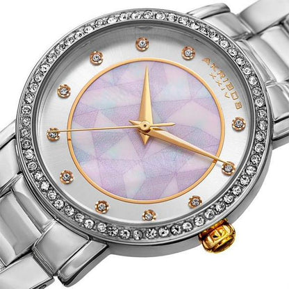 Akribos XXIV Silver Tone Case on Silver Bracelet, White Mother of Pearl and Silver Dial with Gold Tone Hands
