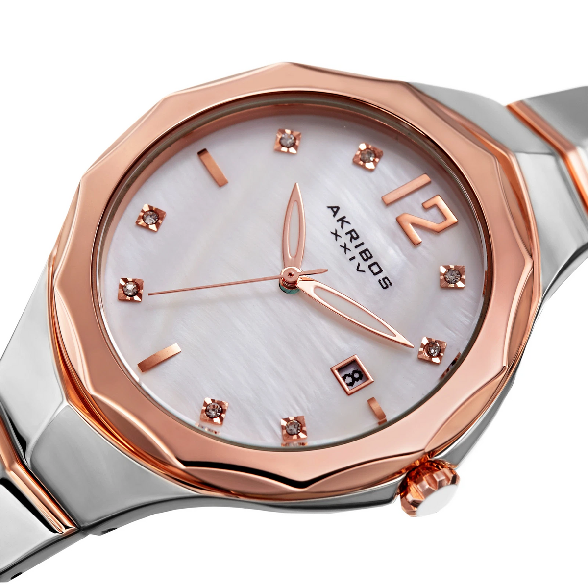 Akribos XXIV Two Tone Case on Two Tone Bracelet, White Dial with Rose Gold Tone Hands
