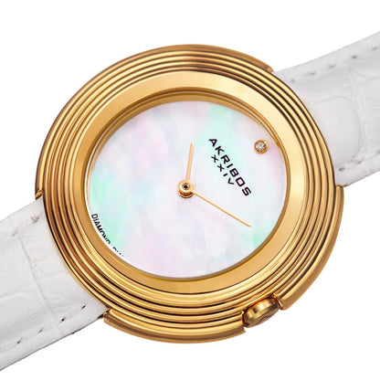 Akribos XXIV Gold Tone Case on White Strap, White Mother of Pearl Dial with Gold Tone Hands