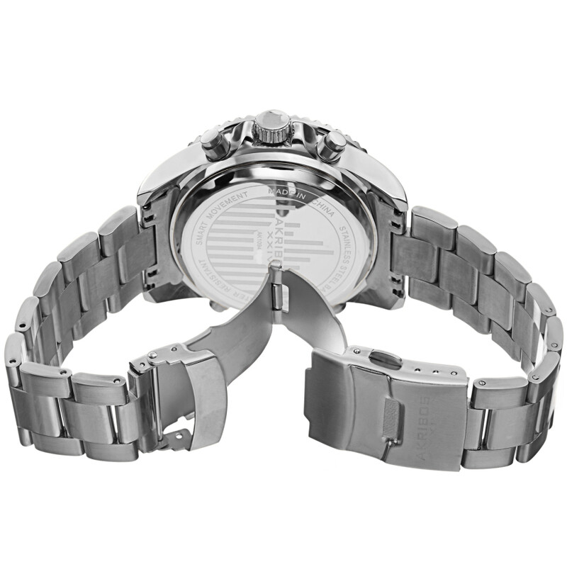 Akribos XXIV Ion Plated Silver Tone SMART Diver Watch, with Blue Bezel and Dial, on a Stainless Steel Silver Bracelet