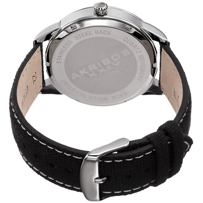 Akribos XXIV Silver Tone Case on Black Strap, Black Dial with Black Hands