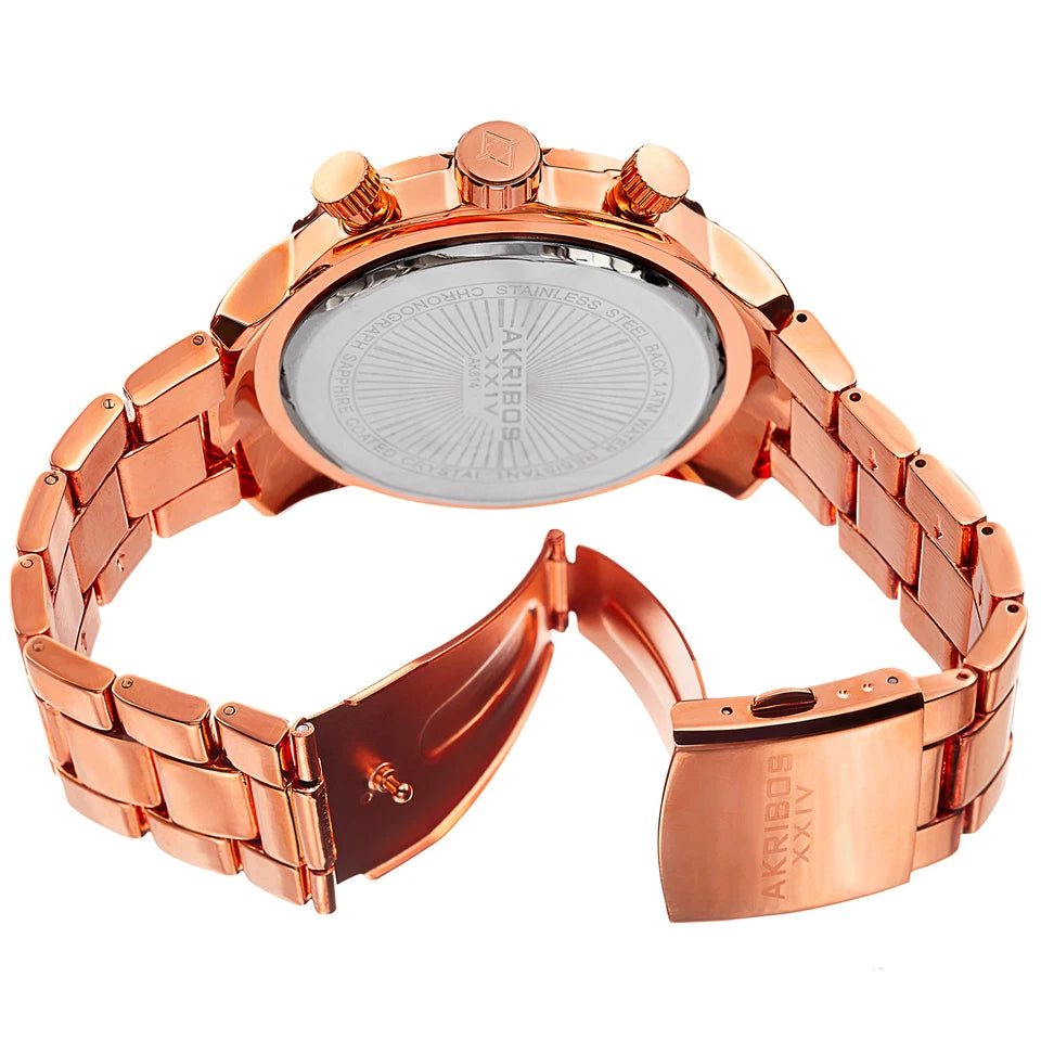 Akribos XXIV Rose Gold Ion Plated Alloy Case on Rose Gold Bracelet, Blue Dial with Rose Gold Tone Hands