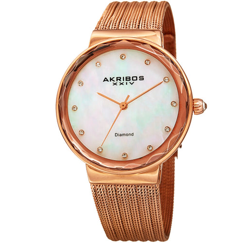 Akribos XXIV Rose Gold Ion Plated Alloy Case on Rose Gold Mesh Band, Mother Of Pearl Dial with Rose Gold Hands