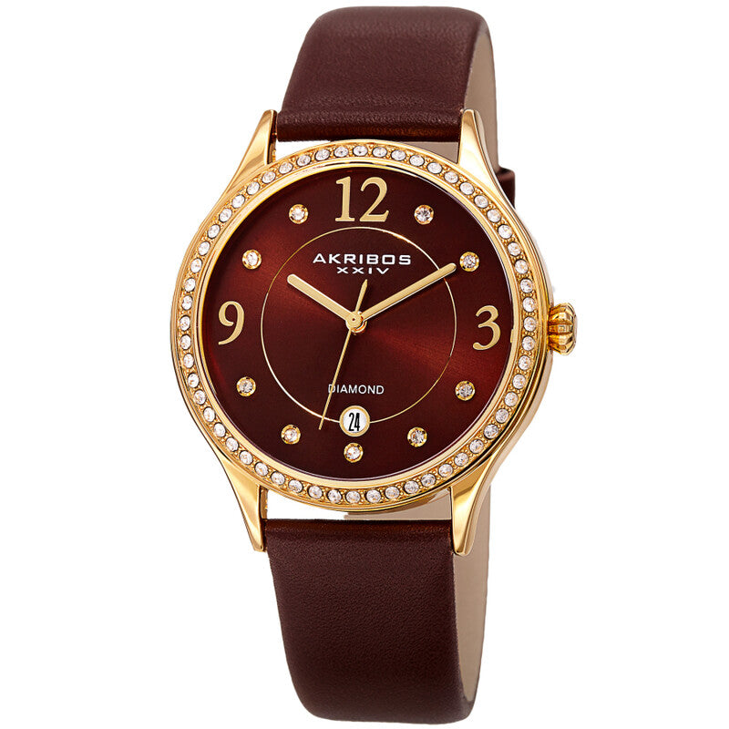 Akribos XXIV Gold Ion Plated Alloy Case on Brown Genuine Leather Strap, Brown Dial with Gold Hands