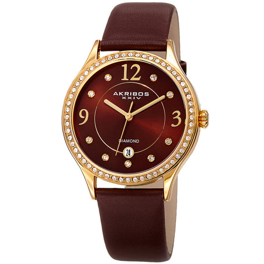 Akribos XXIV Gold Ion Plated Alloy Case on Brown Genuine Leather Strap, Brown Dial with Gold Hands
