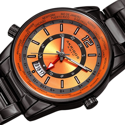 Akribos XXIV Gunmetal Tone Case on Gunmetal Bracelet, Orange Dial with Gray Tone Hands