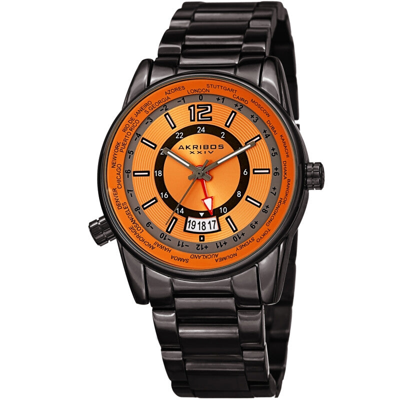 Akribos XXIV Gunmetal Tone Case on Gunmetal Bracelet, Orange Dial with Gray Tone Hands