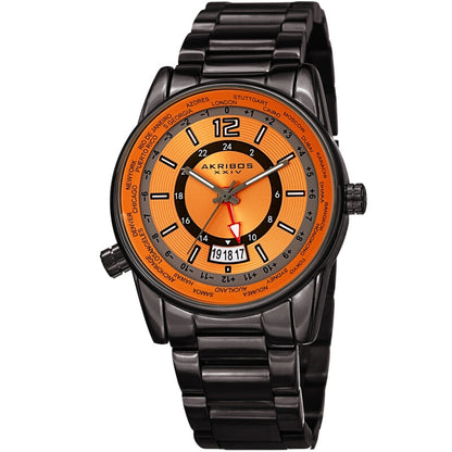 Akribos XXIV Gunmetal Tone Case on Gunmetal Bracelet, Orange Dial with Gray Tone Hands
