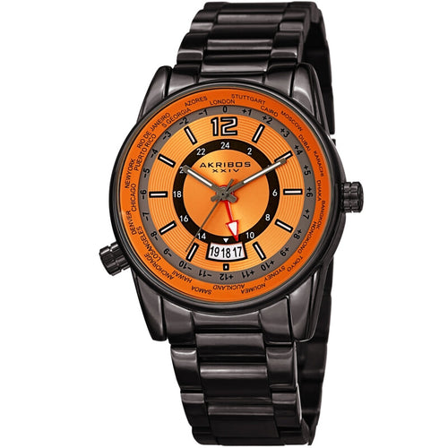 Akribos XXIV Gunmetal Tone Case on Gunmetal Bracelet, Orange Dial with Gray Tone Hands