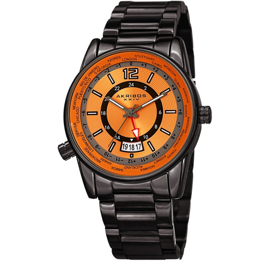 Akribos XXIV Gunmetal Tone Case on Gunmetal Bracelet, Orange Dial with Gray Tone Hands