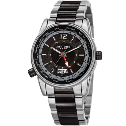 Akribos XXIV Silver Tone Case on Two-Tone Bracelet, Black Dial with Silver Tone Hands