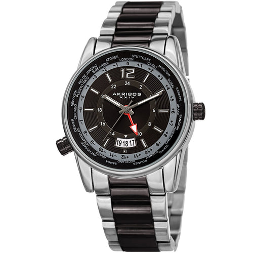 Akribos XXIV Silver Tone Case on Two-Tone Bracelet, Black Dial with Silver Tone Hands