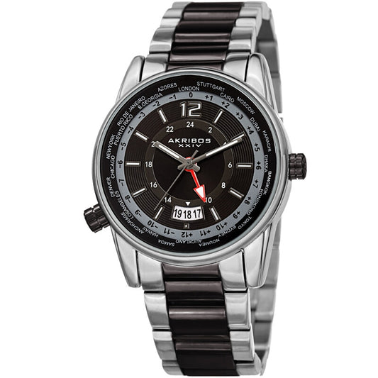 Akribos XXIV Silver Tone Case on Two-Tone Bracelet, Black Dial with Silver Tone Hands