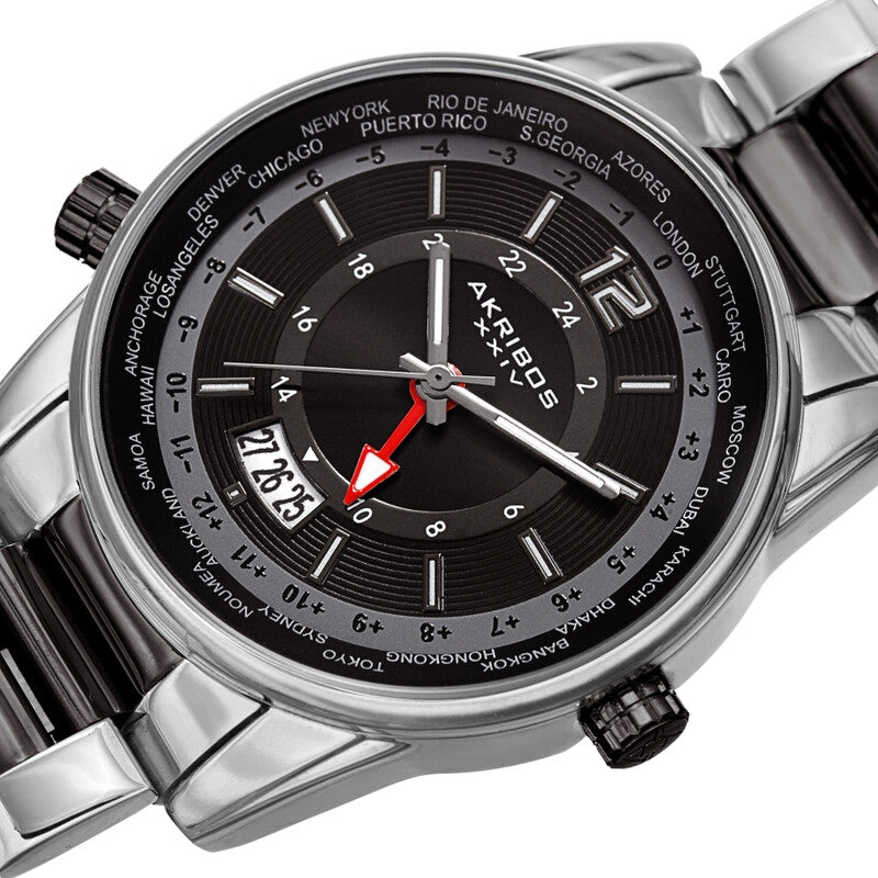 Akribos XXIV Silver Tone Case on Two-Tone Bracelet, Black Dial with Silver Tone Hands