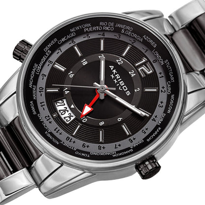Akribos XXIV Silver Tone Case on Two-Tone Bracelet, Black Dial with Silver Tone Hands