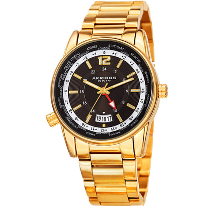 Akribos XXIV Gold Ion Plated Case on Gold Bracelet, Black Dial with Gold Tone Hands
